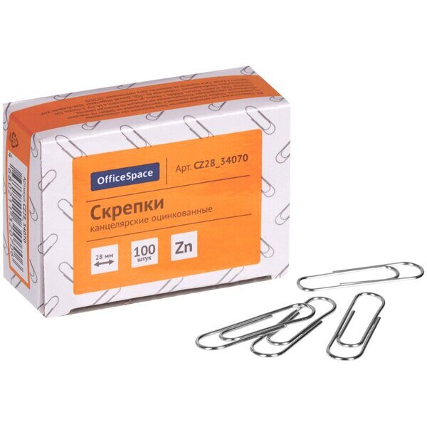 Скрепки 28мм оцинкованные OfficeSpace 1п/100шт 1/10/500 (р306918)